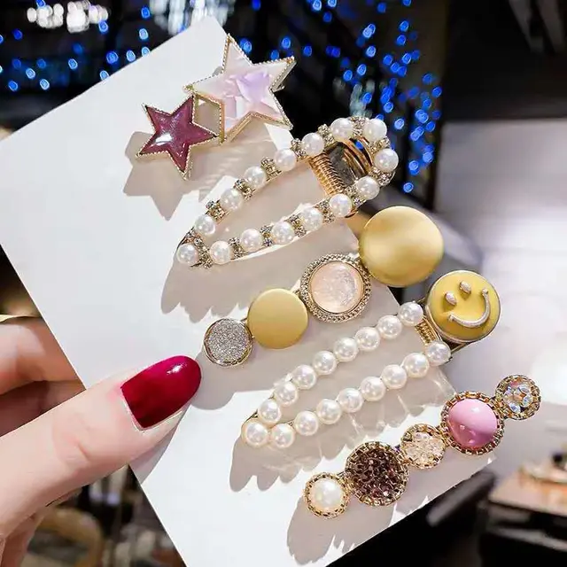 South Korea Ins Net Red Pearl Hairpin Set Hairpin Girl Word Clip Combination Side Bangs Clip Grabbing Clip 6Style - Shop at LoveMi