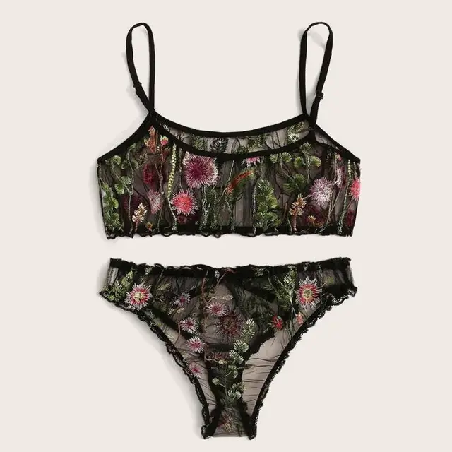 Hot Models European And American Fashion Sexy Embroidered See Through Mesh Gauze No Steel Ring Bra Sexy Underwear Black - Shop at LoveMi