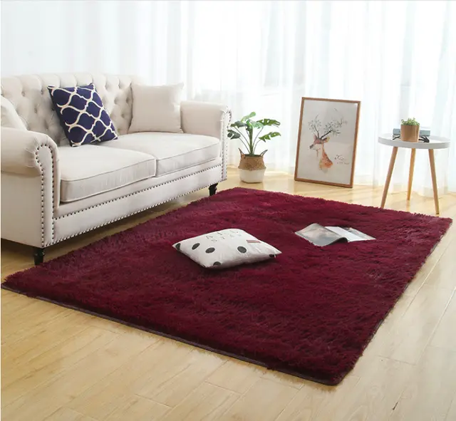 Silky Fluffy Carpet Modern Home Decor Long Plush Shaggy Rug Wine Red - Shop at LoveMi