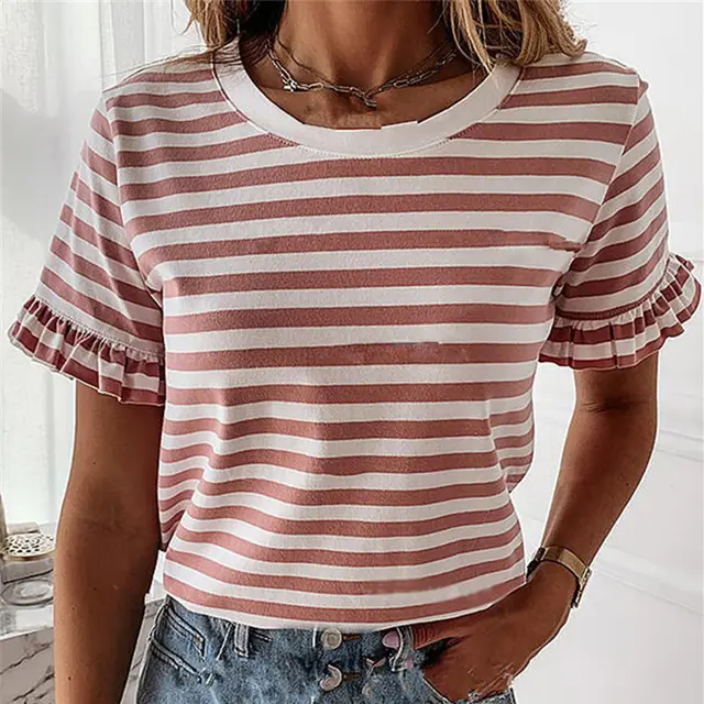Striped Simple Style Short Sleeved Round Neck T Shirt Top Women's Clothing Red - Shop at LoveMi