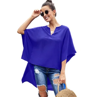 Female Chiffon Sexy V-Neck Flared Sleeve Top - Blue