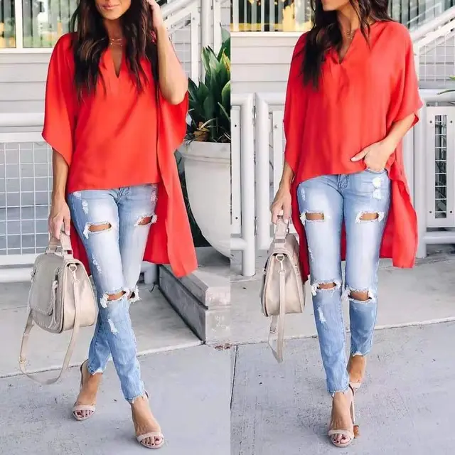 Female Chiffon Sexy V Neck Flared Sleeve Top Orange - Shop at LoveMi