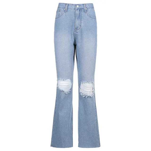 High rise Flared Ripped Street Casual Jeans Blue - Shop at LoveMi