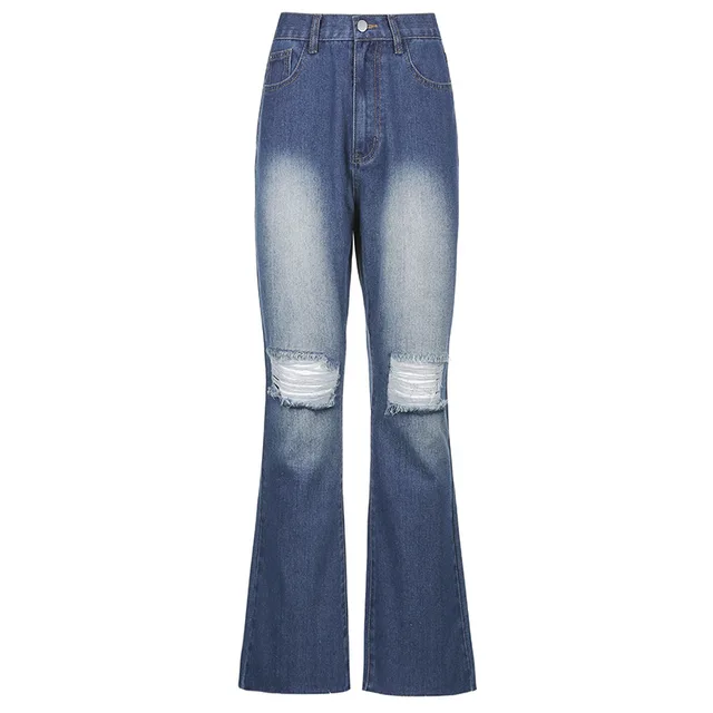 High rise Flared Ripped Street Casual Jeans Dark Blue - Shop at LoveMi
