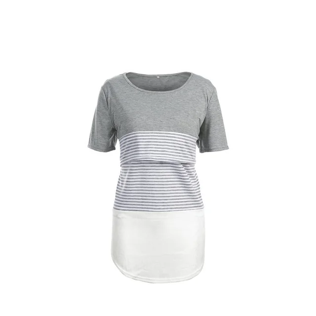 Europe and America Striped Stitching Short Sleeve Breastfeeding T shirt for Pregnant Women Grey - Shop at LoveMi