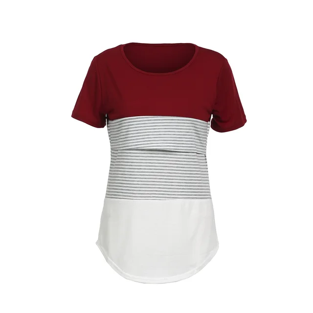 Europe and America Striped Stitching Short Sleeve Breastfeeding T shirt for Pregnant Women Red - Shop at LoveMi