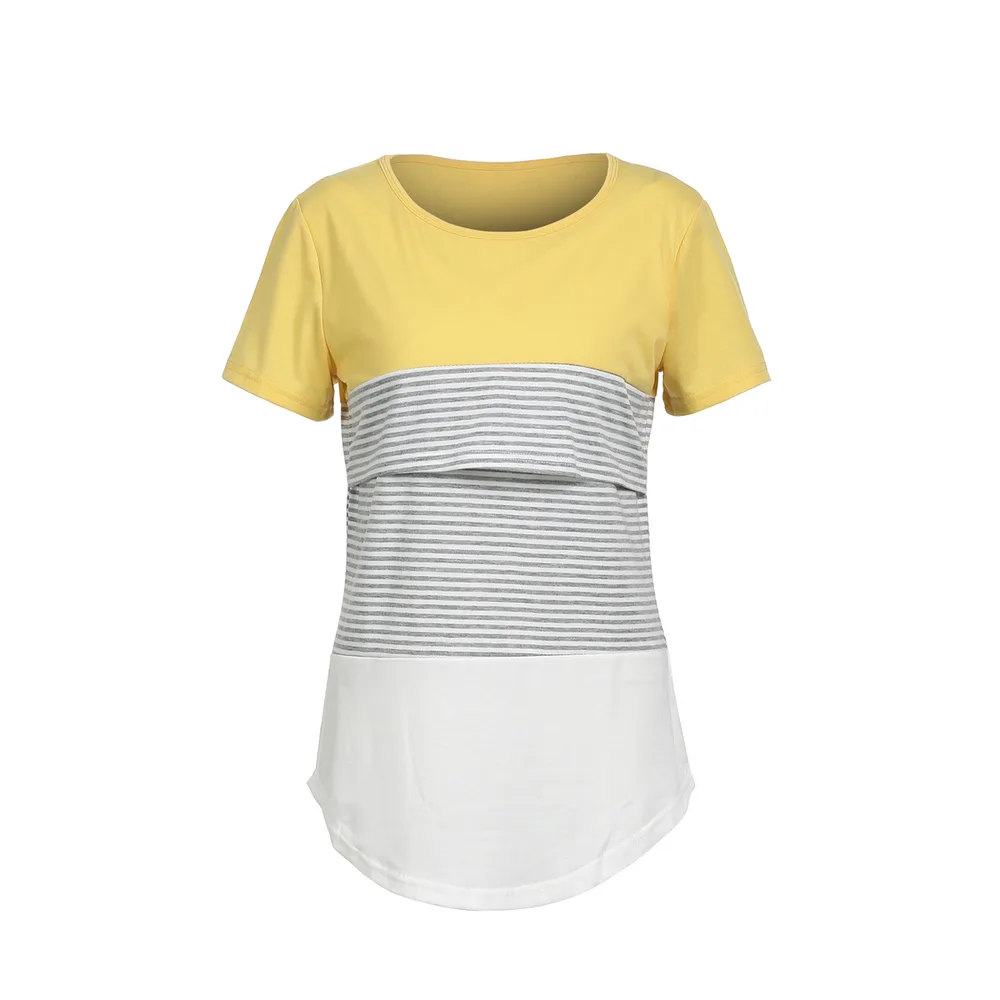Europe and America Striped Stitching Short Sleeve Breastfeeding T-shirt for Pregnant Women - Yellow
