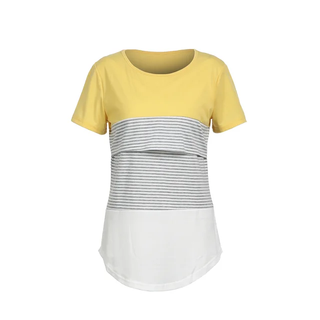 Europe and America Striped Stitching Short Sleeve Breastfeeding T shirt for Pregnant Women Yellow - Shop at LoveMi