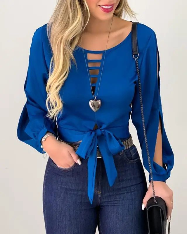 Foreign Trade E Commerce Cross Border Women's Hollow Lace up Top Blue - Shop at LoveMi