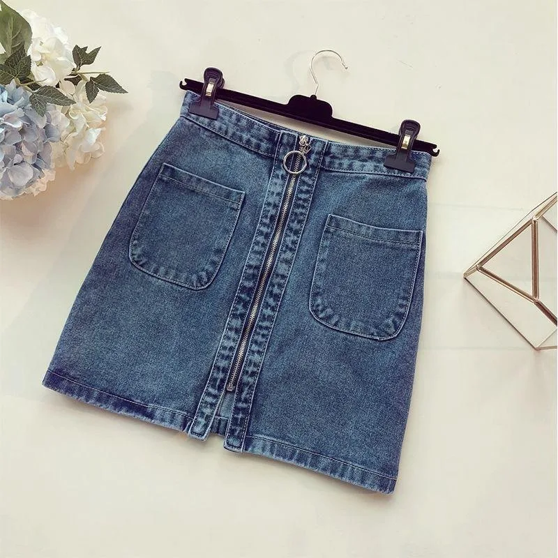 Denim Skirt Female Spring And Summer New Ins High Waist Chic Bag Hip Skirt Half-length Skirt Summer - Blue