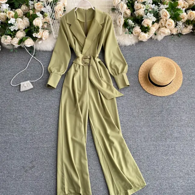Slim fit lapel long sleeved lace up jumpsuit Green - Shop at LoveMi