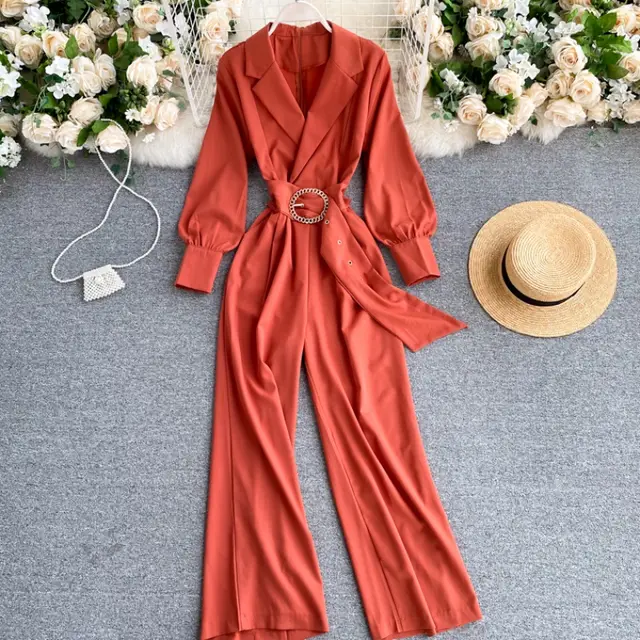 Slim fit lapel long sleeved lace up jumpsuit Orange - Shop at LoveMi