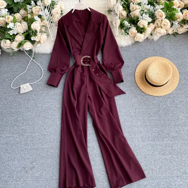 Slim fit lapel long sleeved lace up jumpsuit Purple - Shop at LoveMi