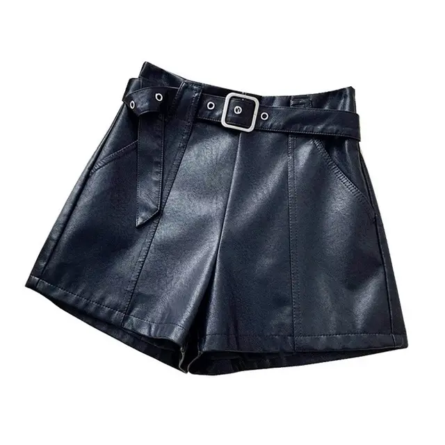 21 New Small Leather Shorts Women's Autumn And Winter High Waist New Style European Stand Boots Pants Personality Outer Wear Wild Wide Legs Black - Shop at LoveMi