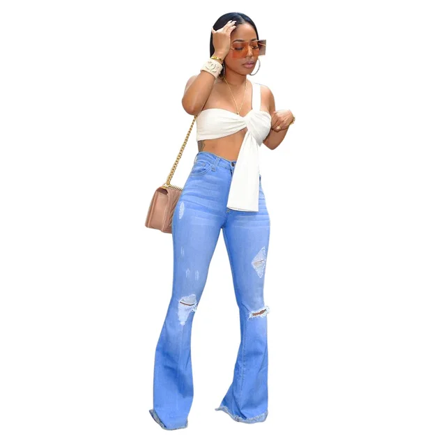 Ripped blown yarn jeans Blue - Shop at LoveMi