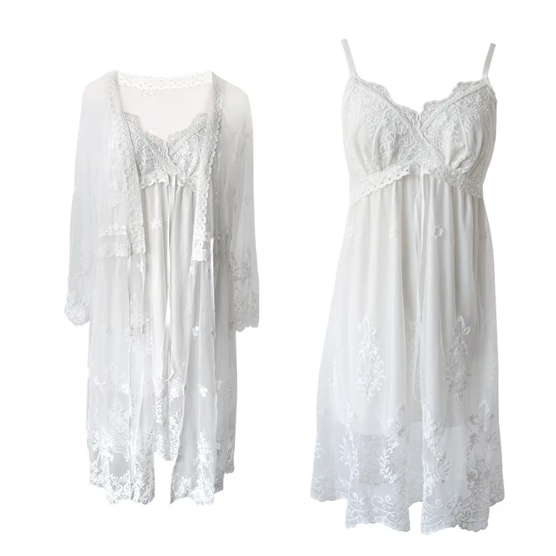 Womens Nightgowns White Lace 2-Pics Robes - White