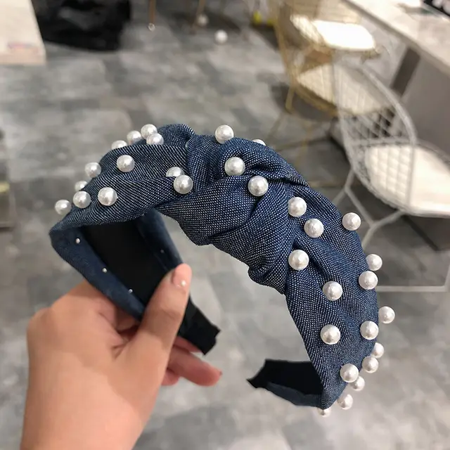 Pearl Style Headband Fashionable Middle Knotted Headdress Hairpin Denim Pearl Dark Blue - Shop at LoveMi