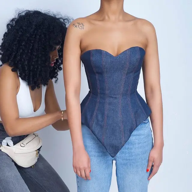 Eyelet strap denim breast wrap Blue - Shop at LoveMi
