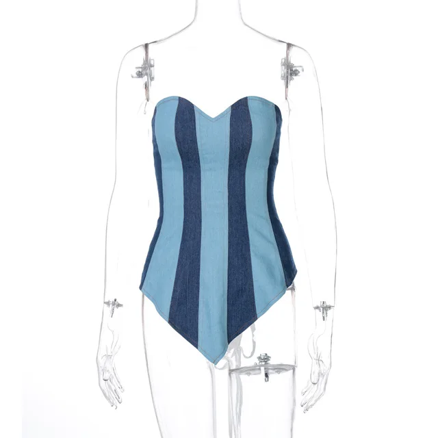 Eyelet strap denim breast wrap Light Blue - Shop at LoveMi