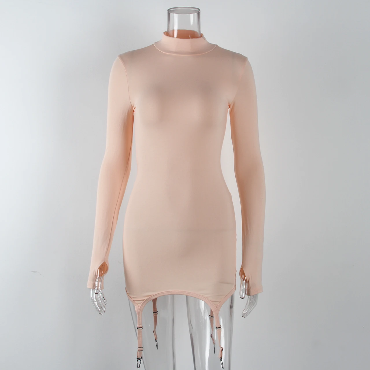 Long-sleeved Solid Color Sexy Suspender Halter Dress - Photo Color