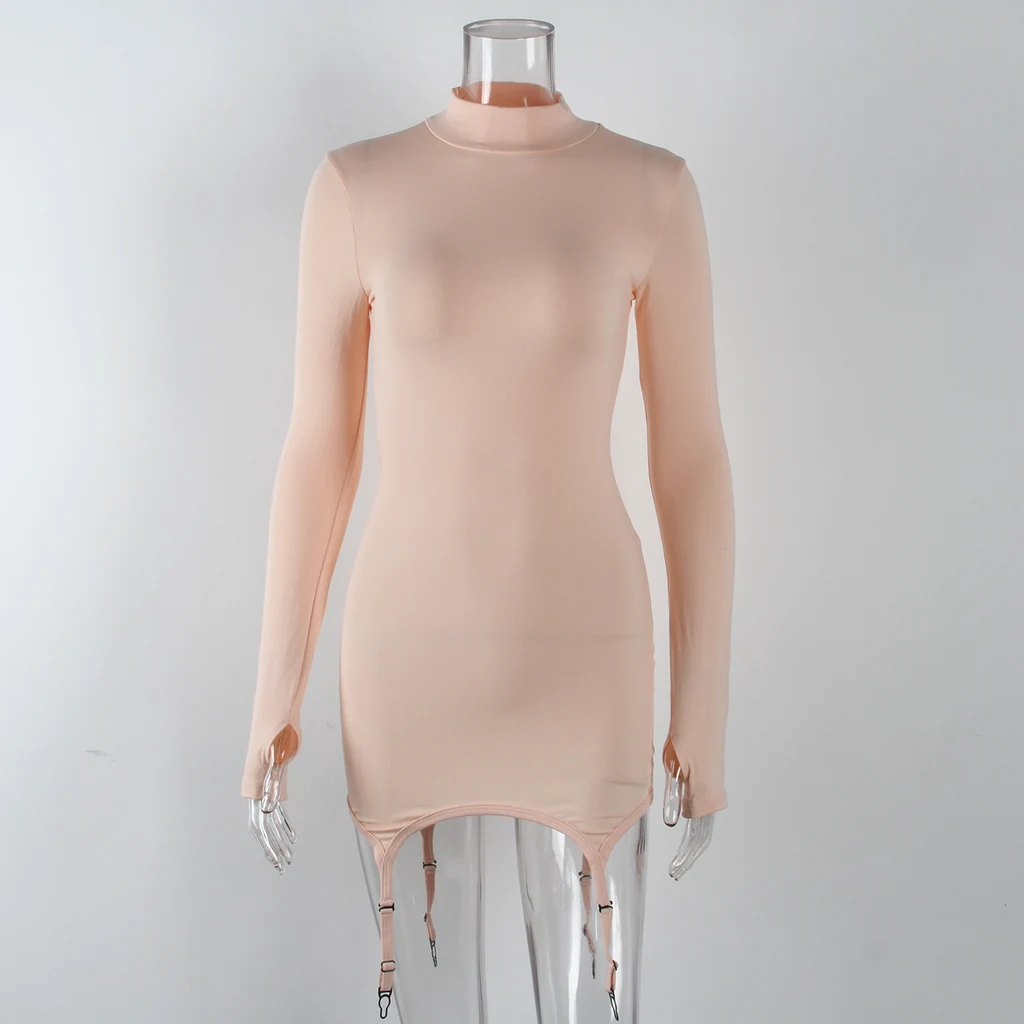 Long-sleeved Solid Color Sexy Suspender Halter Dress - Photo Color