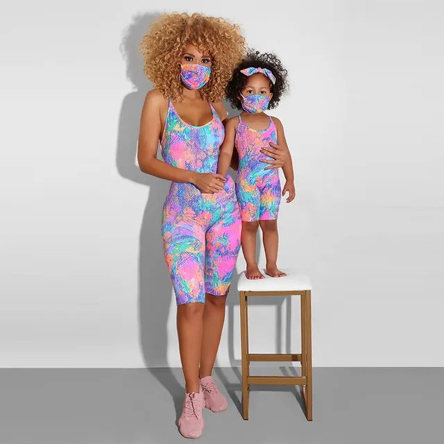 Women's Printed Casual Parent child Outfit With Mask Purple - Shop at LoveMi