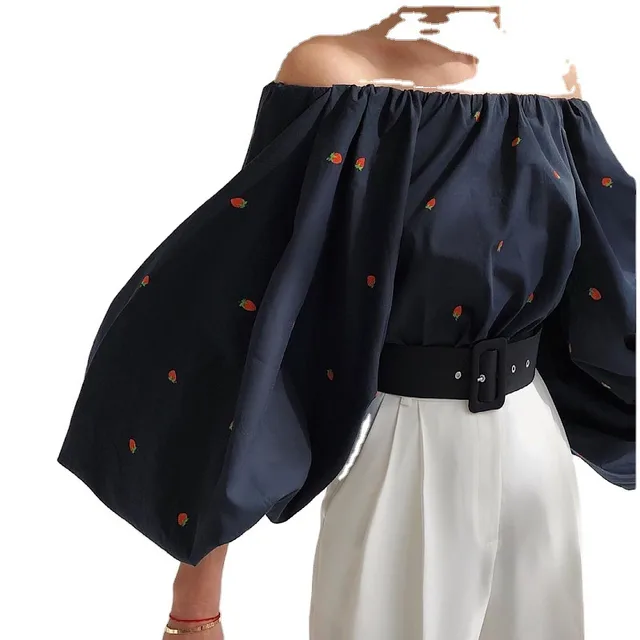 Black Strawberry Print Top European And American Loose Style Commuting Long Sleeve Black - Shop at LoveMi