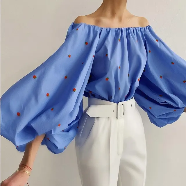 Black Strawberry Print Top European And American Loose Style Commuting Long Sleeve Blue - Shop at LoveMi