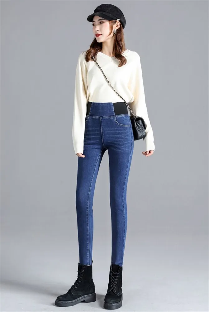 High Waist Stretch Jeans Female Trousers Autumn Winter - Blue