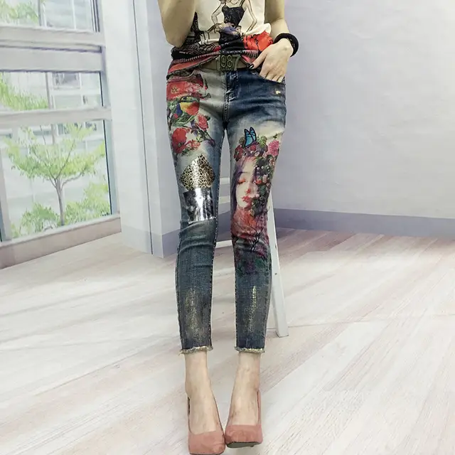Real Shot European And American Fashion Heavy Industry Printed Elastic Nine Point Women'S Jeans Blue - Shop at LoveMi