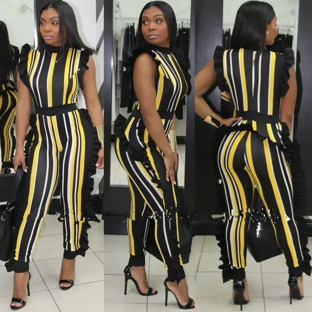 European And American Sexy Sleeveless Vertical Stripe Jumpsuit With Wooden Ears Five Colorsuit Yellow - Shop at LoveMi