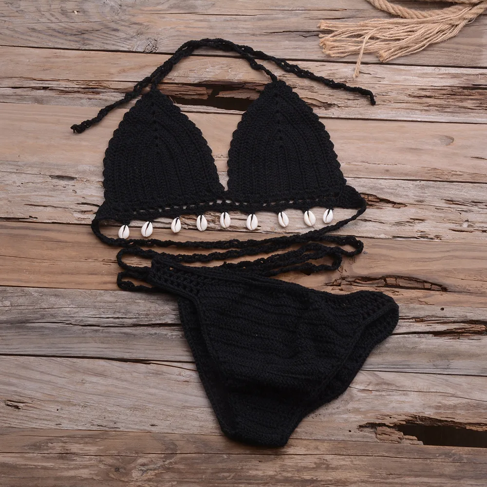 Hollow Shell Top Hand Woven Bikini Outdoor Black - Shop at LoveMi