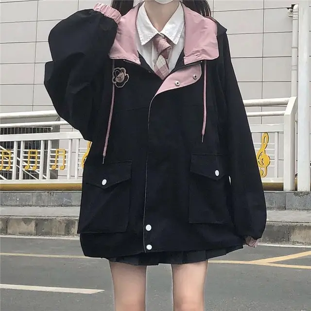 Color Blocking Style Jacket Female Students Autumn And Winter New College Style Loose Hooded Overalls Jacket Black - Shop at LoveMi