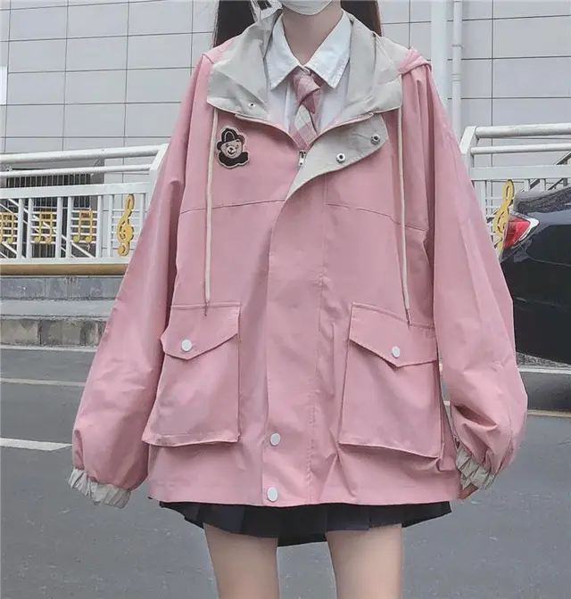 Color Blocking Style Jacket Female Students Autumn And Winter New College Style Loose Hooded Overalls Jacket Pink - Shop at LoveMi