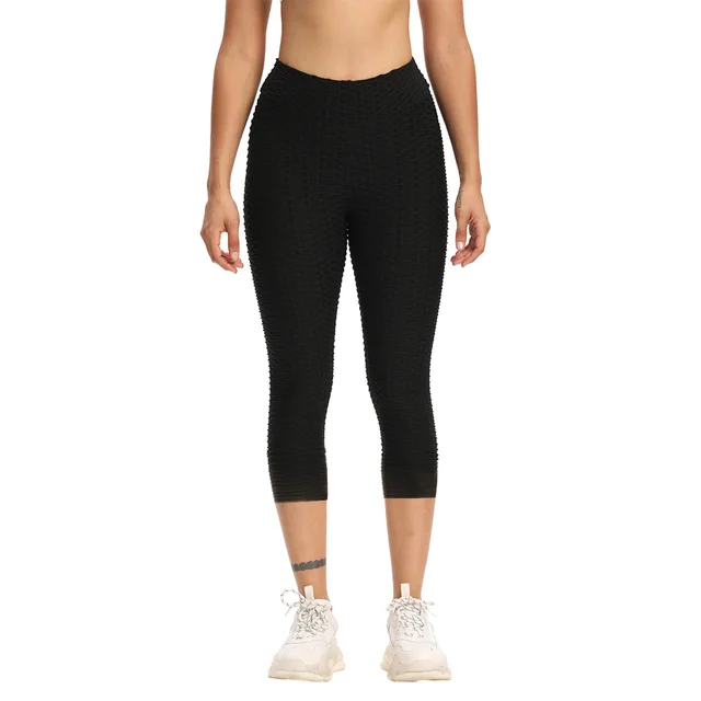 Women Cropped High Waisted Yoga Pants Bubble Hip Butt Lifting Leggings Black - Shop at LoveMi