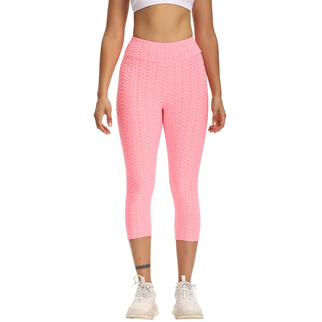 Women Cropped High Waisted Yoga Pants Bubble Hip Butt Lifting Leggings Pink - Shop at LoveMi