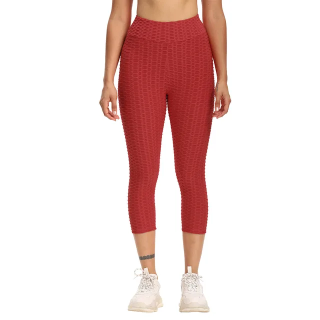 Women Cropped High Waisted Yoga Pants Bubble Hip Butt Lifting Leggings Red - Shop at LoveMi