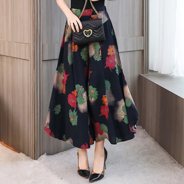 Mother's Rayon Culottes, High Waist, Nine point Plus Size, Printed Thin Cotton Silk Wide leg Pants 1 - Shop at LoveMi
