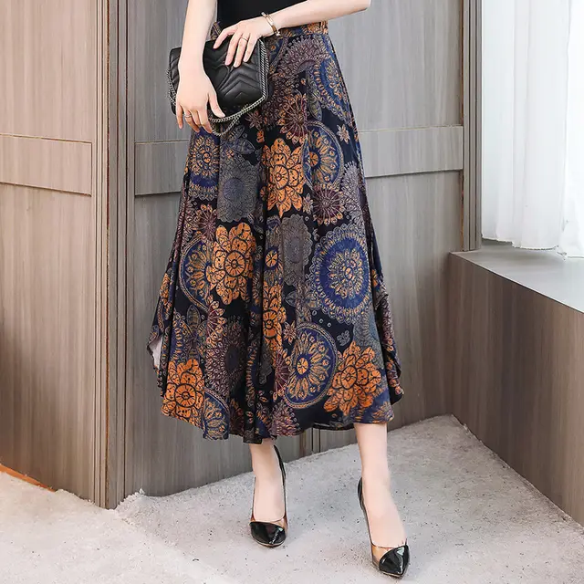 Mother's Rayon Culottes, High Waist, Nine point Plus Size, Printed Thin Cotton Silk Wide leg Pants 10 - Shop at LoveMi