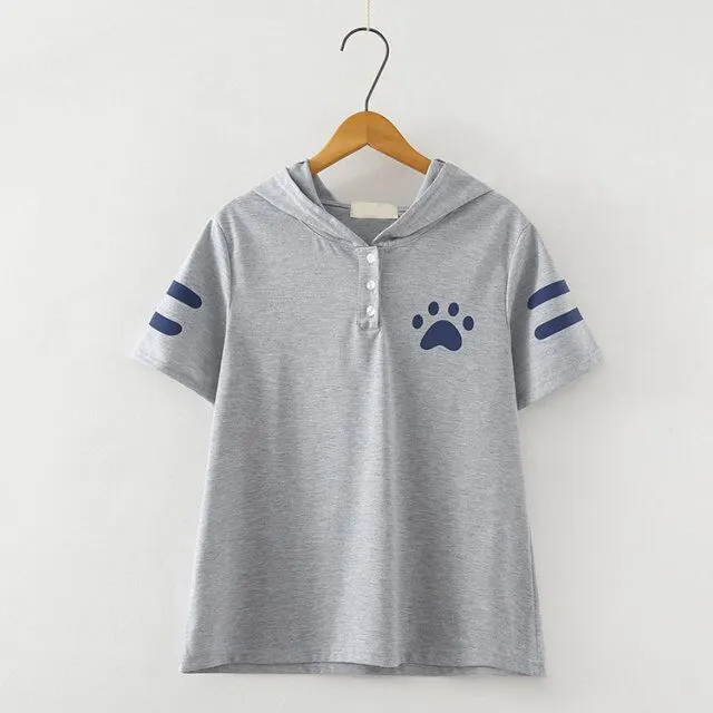 Japanese Mori Women'S Fresh Cat Claw Print Hooded Short Sleeve T Shirt Women Grey - Shop at LoveMi