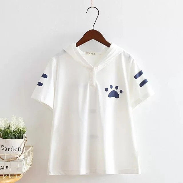 Japanese Mori Women'S Fresh Cat Claw Print Hooded Short Sleeve T Shirt Women White - Shop at LoveMi