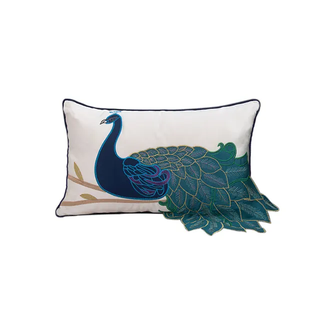 New Soft Furnishing Living Room Sofa Pillow With Long Tail Peacock Embroidery Embroidered Waist Pillowcase Bed Pillowcase My203 Waist Pillow - Shop at LoveMi