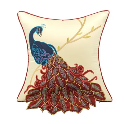 New Soft Furnishing Living Room Sofa Pillow With Long Tail Peacock Embroidery Embroidered Waist Pillowcase Bed Pillowcase Red Left - Shop at LoveMi