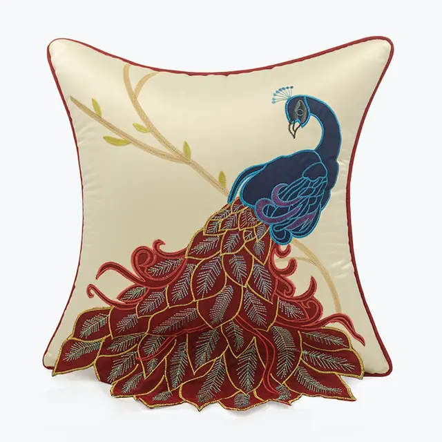 New Soft Furnishing Living Room Sofa Pillow With Long Tail Peacock Embroidery Embroidered Waist Pillowcase Bed Pillowcase Red Right - Shop at LoveMi