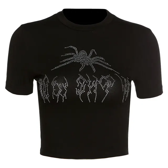 Women's Short Sleeved Round Neck Street Spider T shirt Women Black - Shop at LoveMi