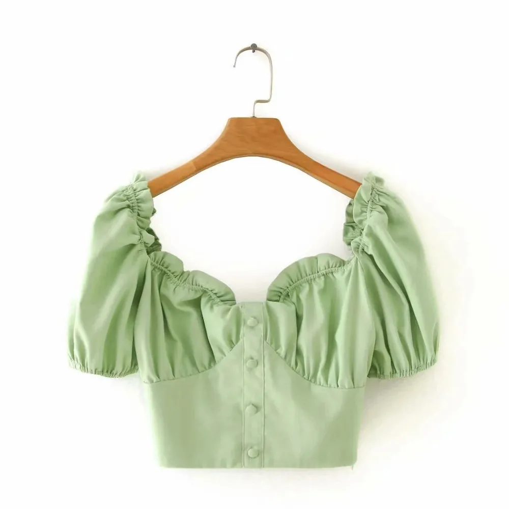 Summer New Style European And American Style Thin Retro Square Neck Short Puff Sleeve Short Sleeve Top Shirt - Green