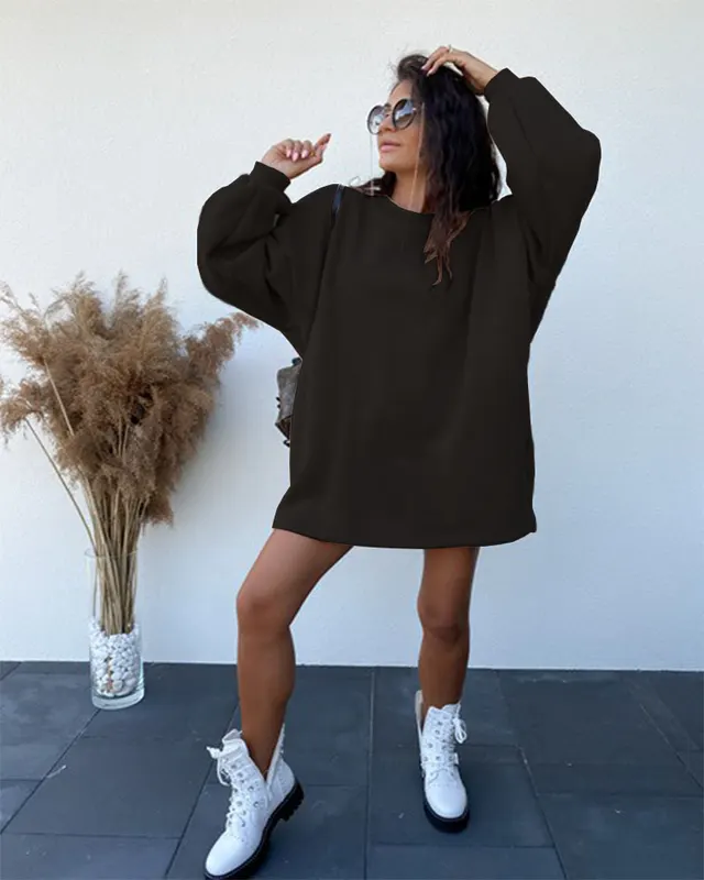 Round Neck Long Sleeve Pullover Loose Sweater Dress Black - Shop at LoveMi