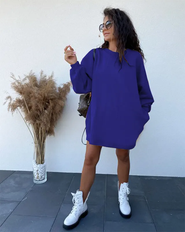 Round Neck Long Sleeve Pullover Loose Sweater Dress Blue - Shop at LoveMi