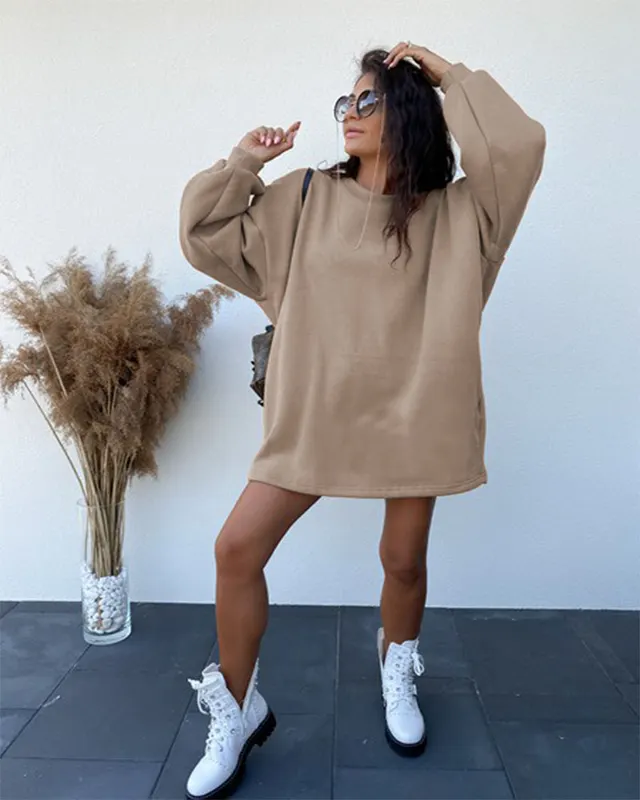 Round Neck Long Sleeve Pullover Loose Sweater Dress Khaki - Shop at LoveMi