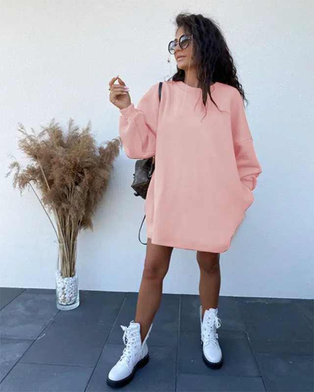 Round Neck Long Sleeve Pullover Loose Sweater Dress Pink - Shop at LoveMi